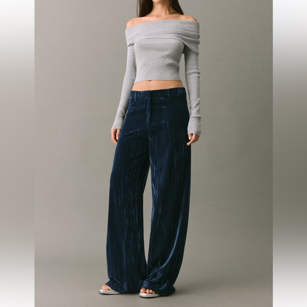 Mango Navy Velvet Wide-Leg Pants